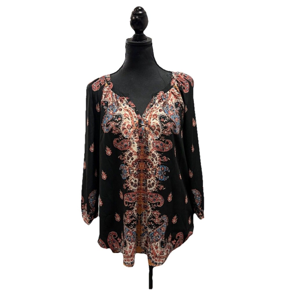 Beach Lunch Lounge Boho Paisley Blouse Womens L Black Long Sleeve Flowy Top